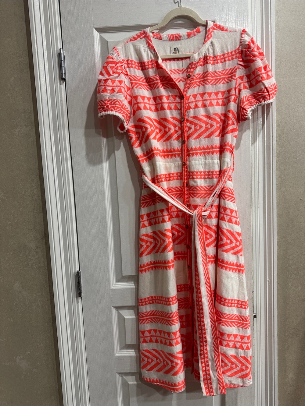 JRA aztec Button-Front Cream Dress with Coral Geo Print and Self-Tie Belt